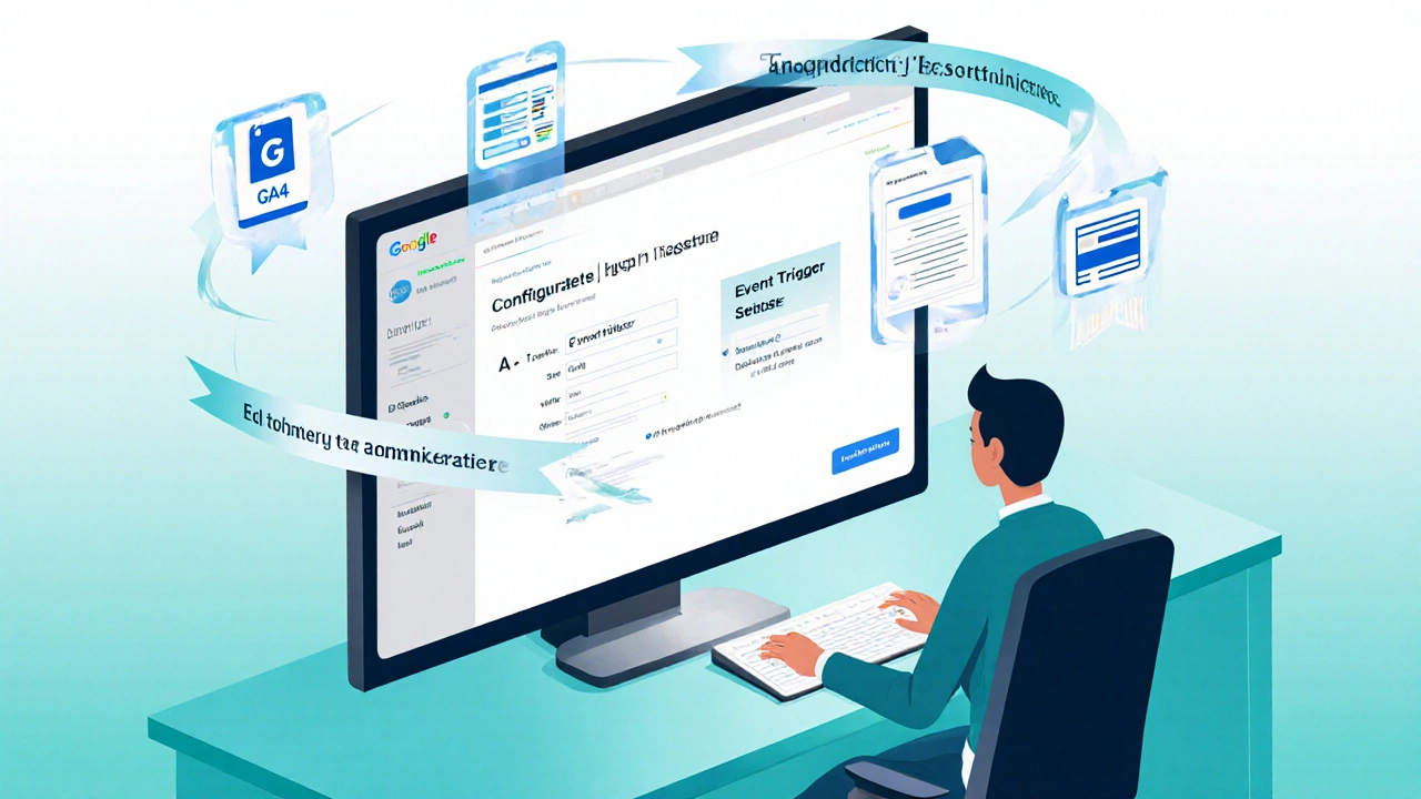 Администратор настраивает Google Tag Manager, окружённый плавающими иконками тегов.