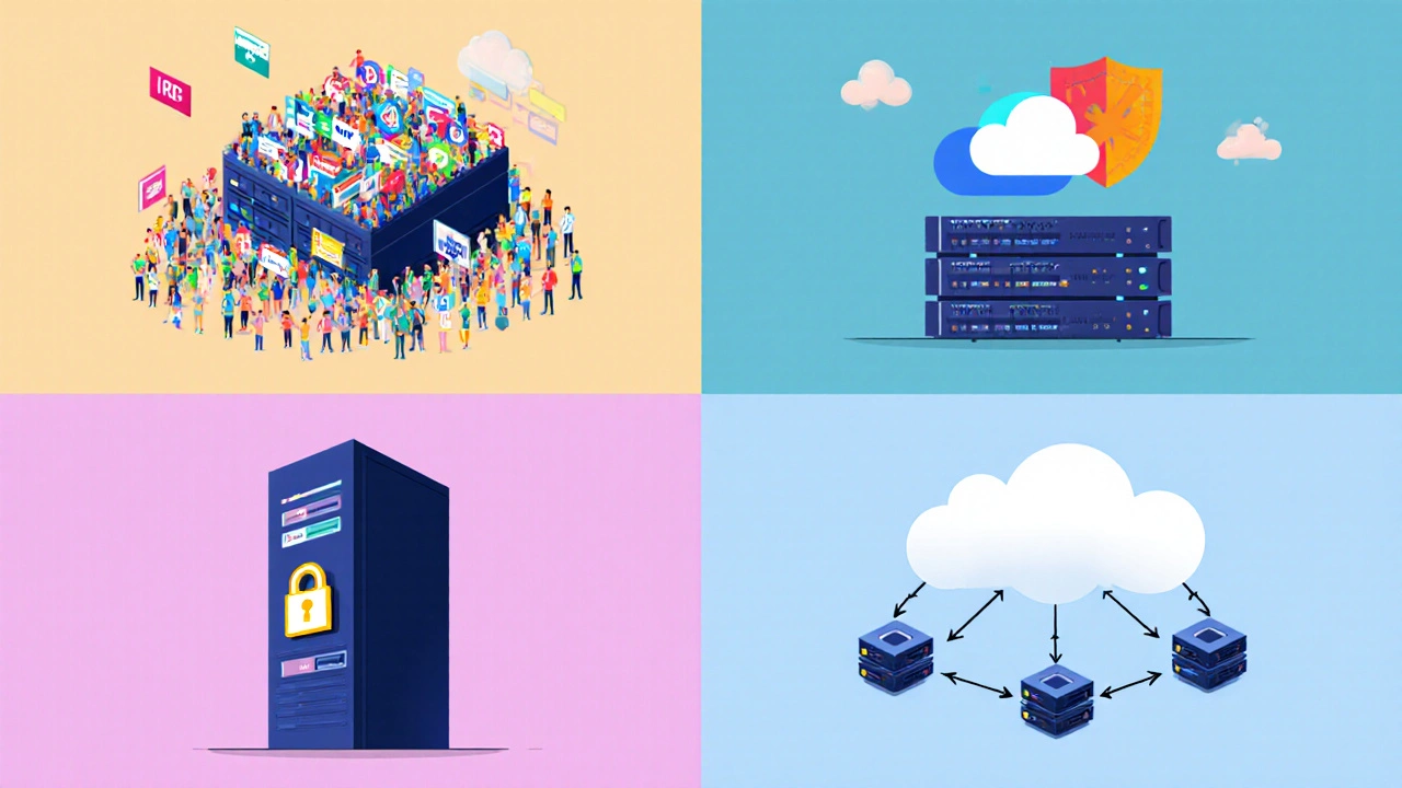 Коллаж из четырёх сцен, показывающих shared, VPS, dedicated и cloud хостинг.