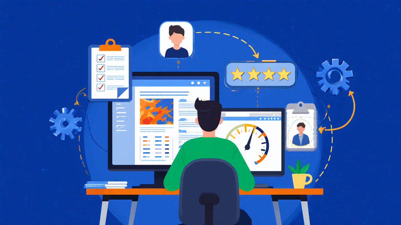 Маркетолог работает за несколькими мониторами: тепловая карта, индикатор скорости и звёзды‑социальные доказательства.