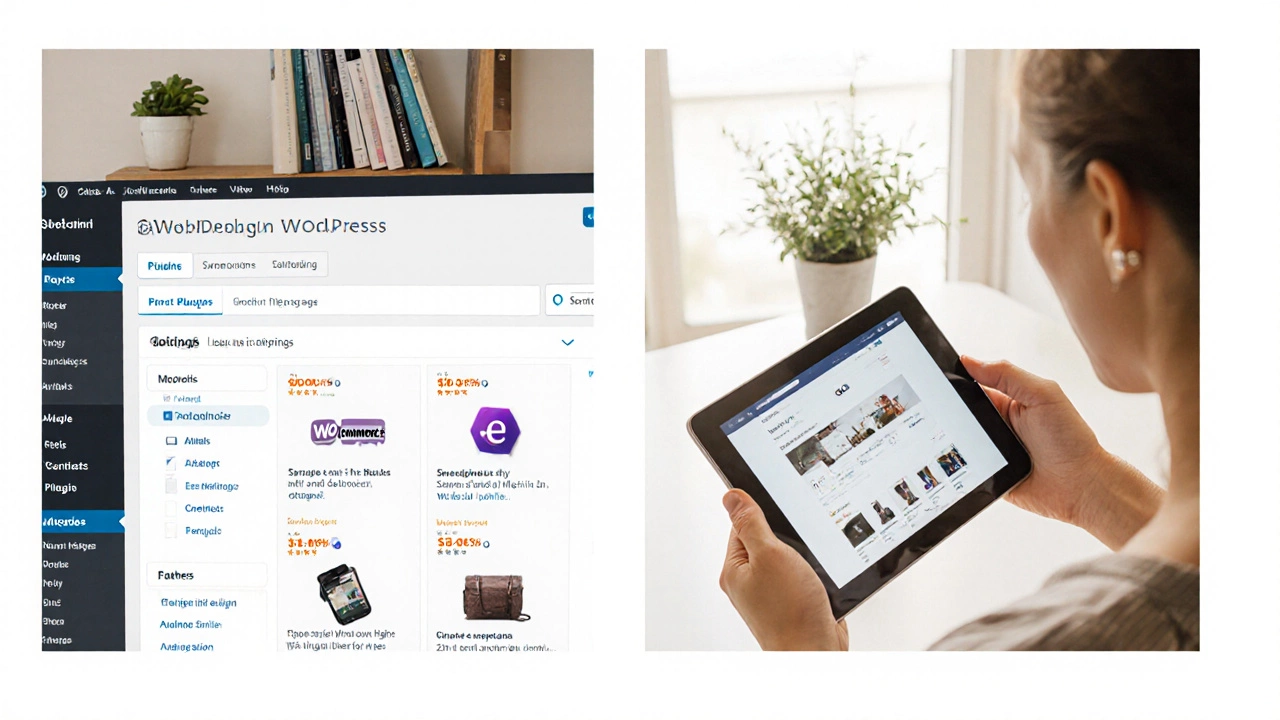 Панель WordPress и пользователь на планшете с интернет-магазином.