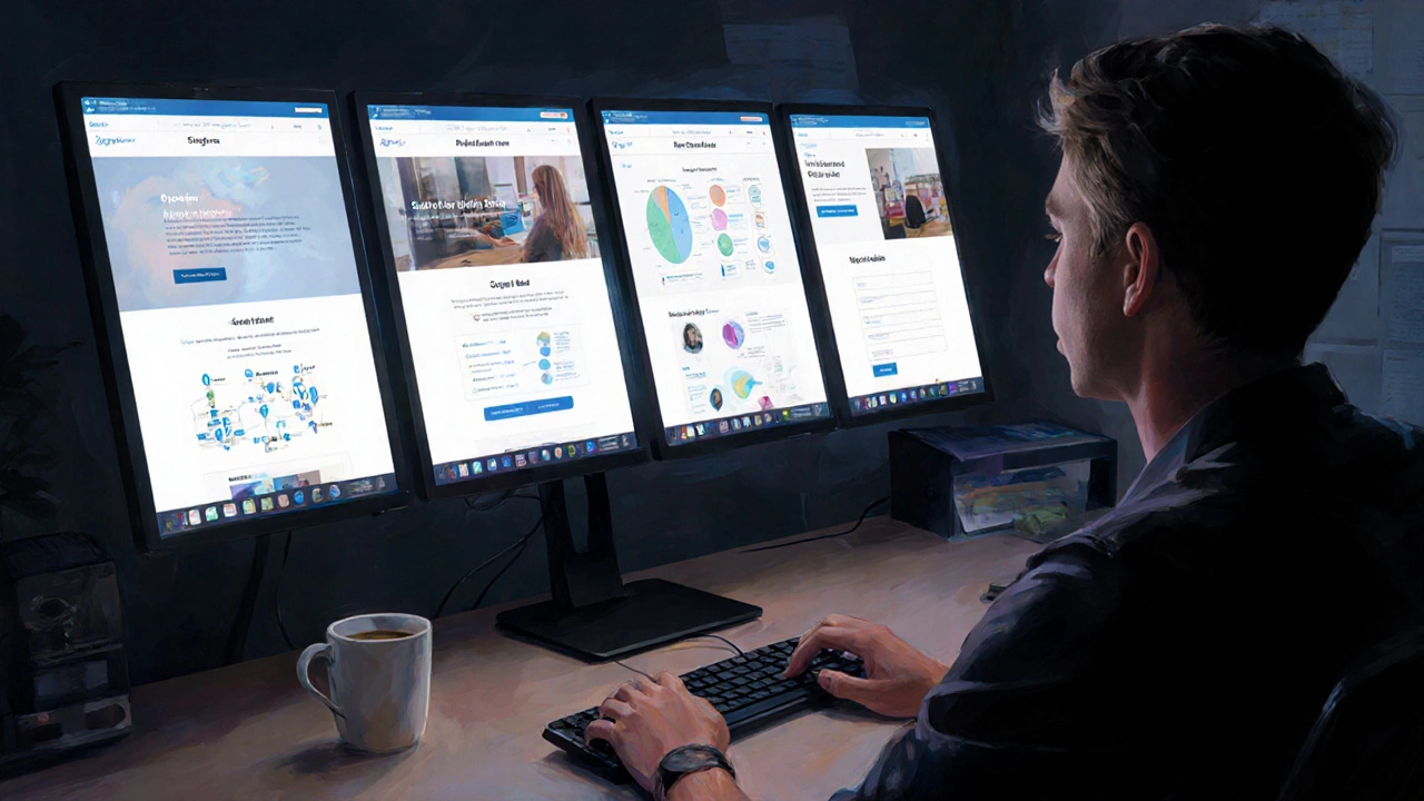 Пользователь смотрит на четыре последовательных страницы лендинга для сложного B2B-решения.