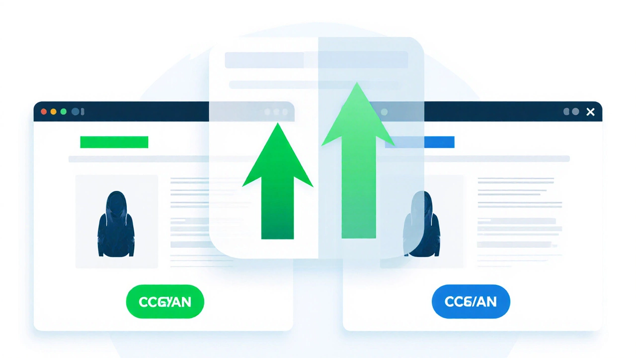 Разделённый экран с двумя вариантами лендинга: зелёная и синяя кнопка CTA.