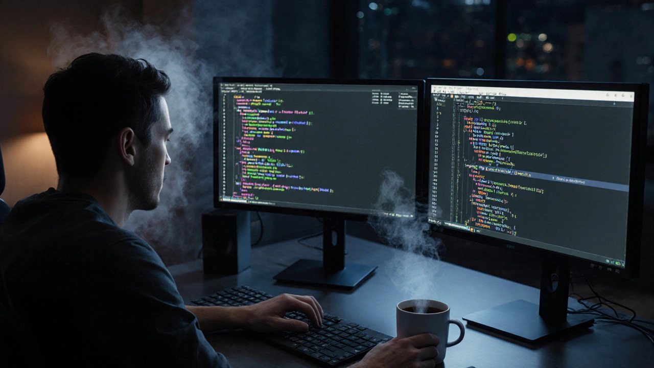 Разработчик за рабочим столом, три монитора с кодом Node.js, Go и .NET, результаты тестов.