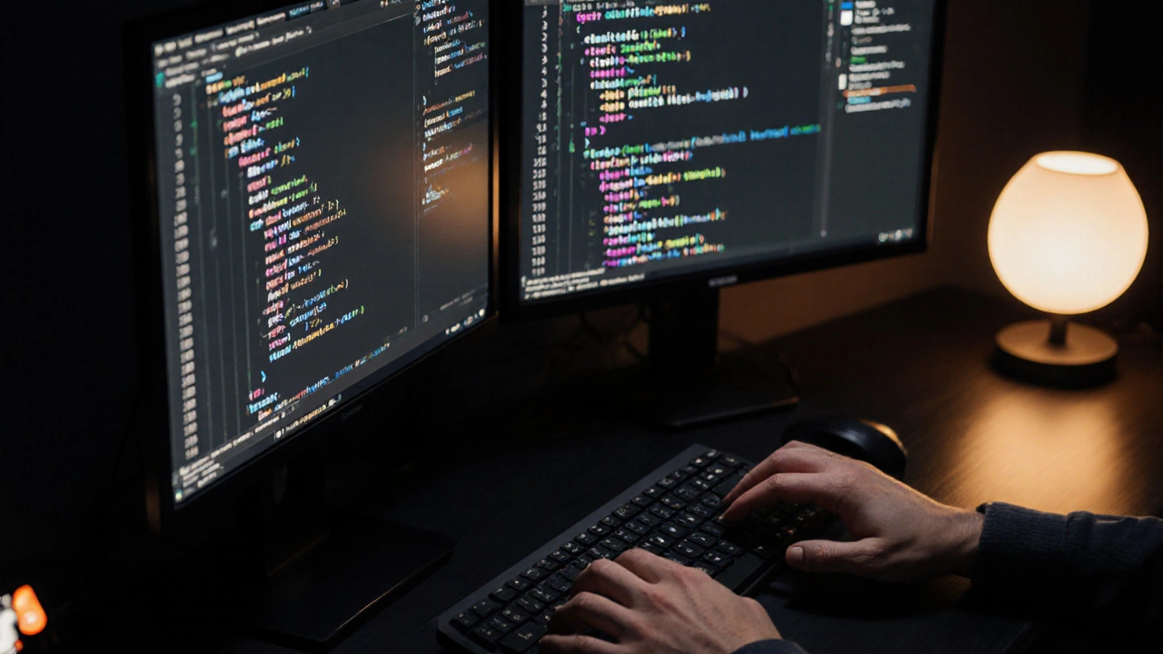 Руки печатают код в Visual Studio Code с подсветкой синтаксиса.