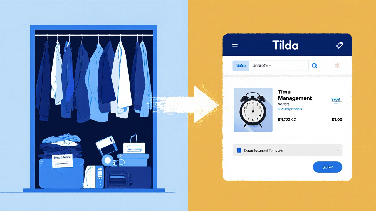 Сравнение старых вещей и цифрового продукта на экране — путь от хлама к доходу.