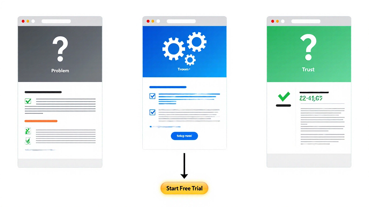 Трехступенчатая воронка лендинга: проблема, решение, доверие — в виде визуальных панелей.
