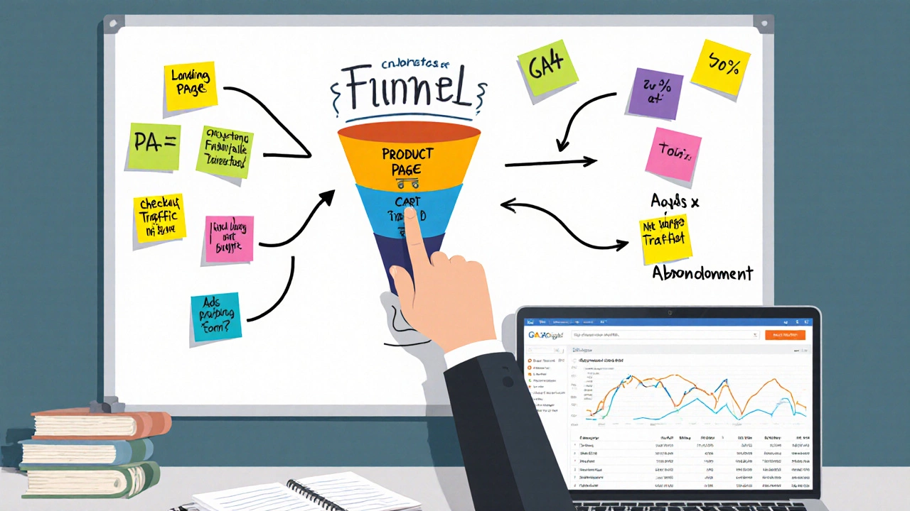 Белая доска с рисунками воронки продаж и заметками о поведении пользователей.