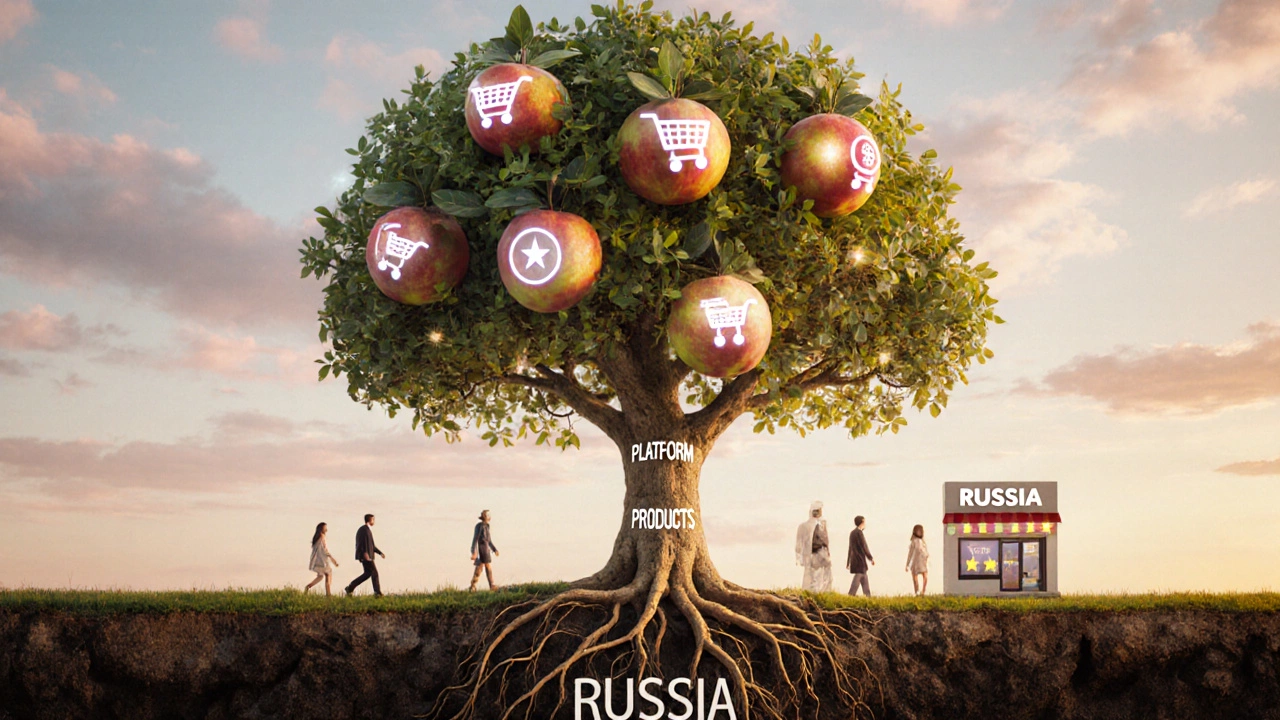 Цифровое дерево бизнеса с корнями в основах интернет-магазина и плодами в виде покупок и отзывов.