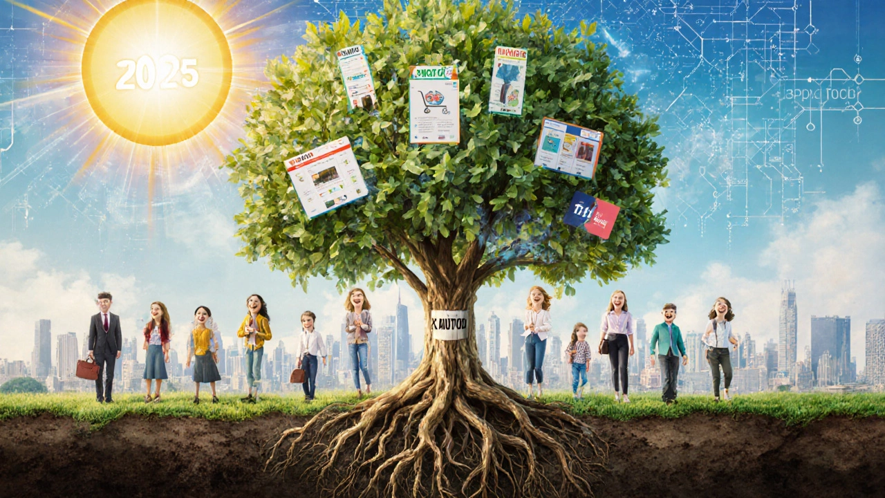 Дерево бизнеса с корнями, стволом и ветвями, символизирующими ключевые этапы создания интернет-магазина.