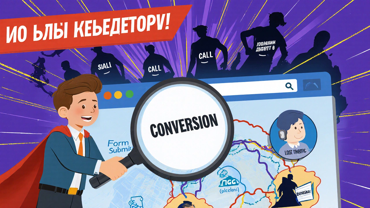 Герой с лупой раскрывает скрытые пути конверсий на веб-сайте, спасая посетителей от потерь.