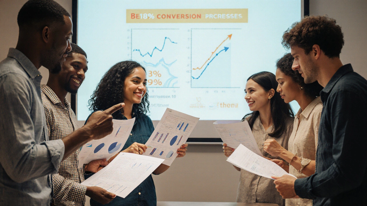 Группа людей обсуждает аналитические отчеты с графиками и выводами о росте конверсии.