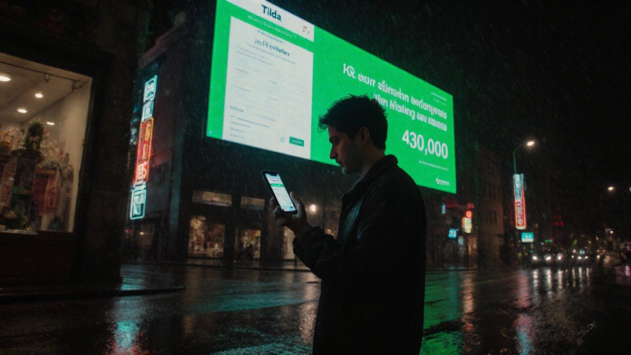 Малый бизнес в темной улице смотрит на телефон, позади — огромный цифровой билборд с лидами.