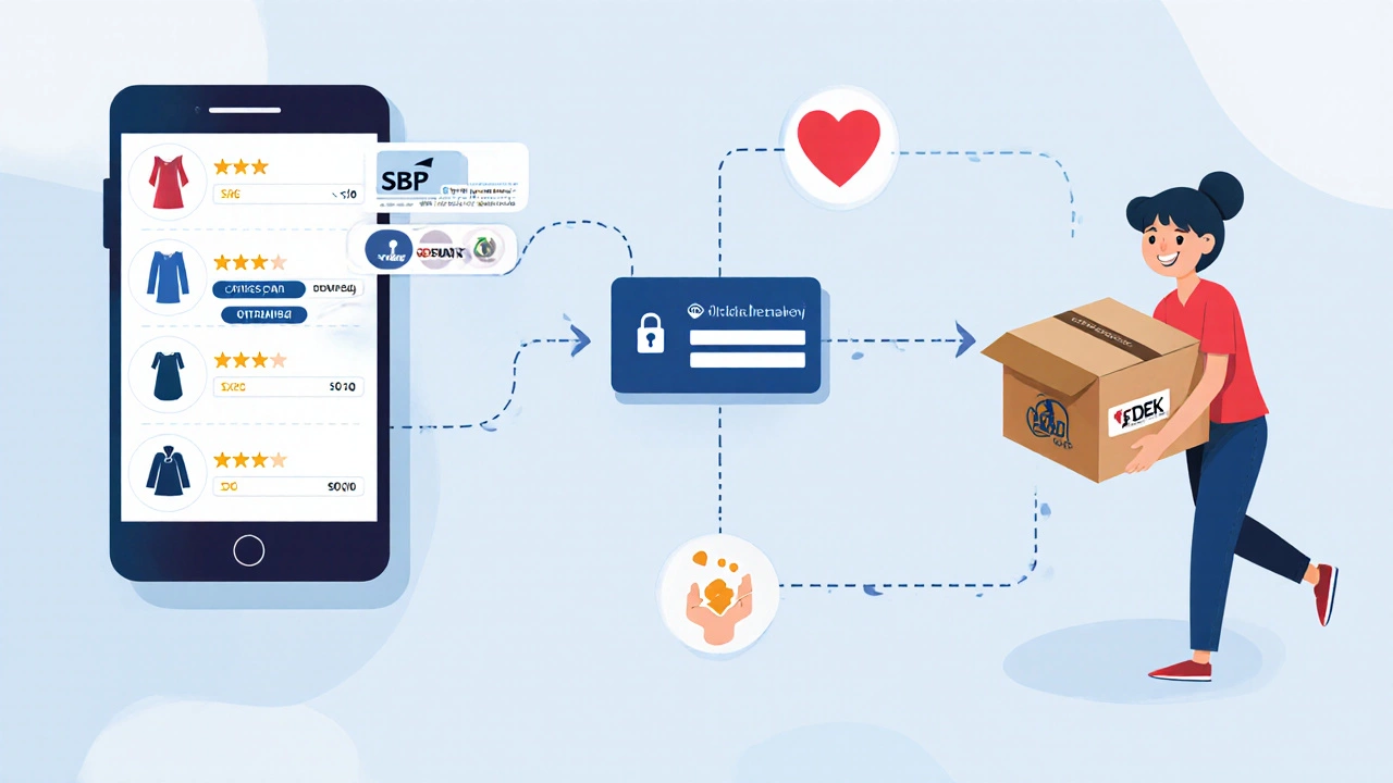 Путь клиента от выбора товара до получения посылки с логотипами сервисов доставки и оплаты.