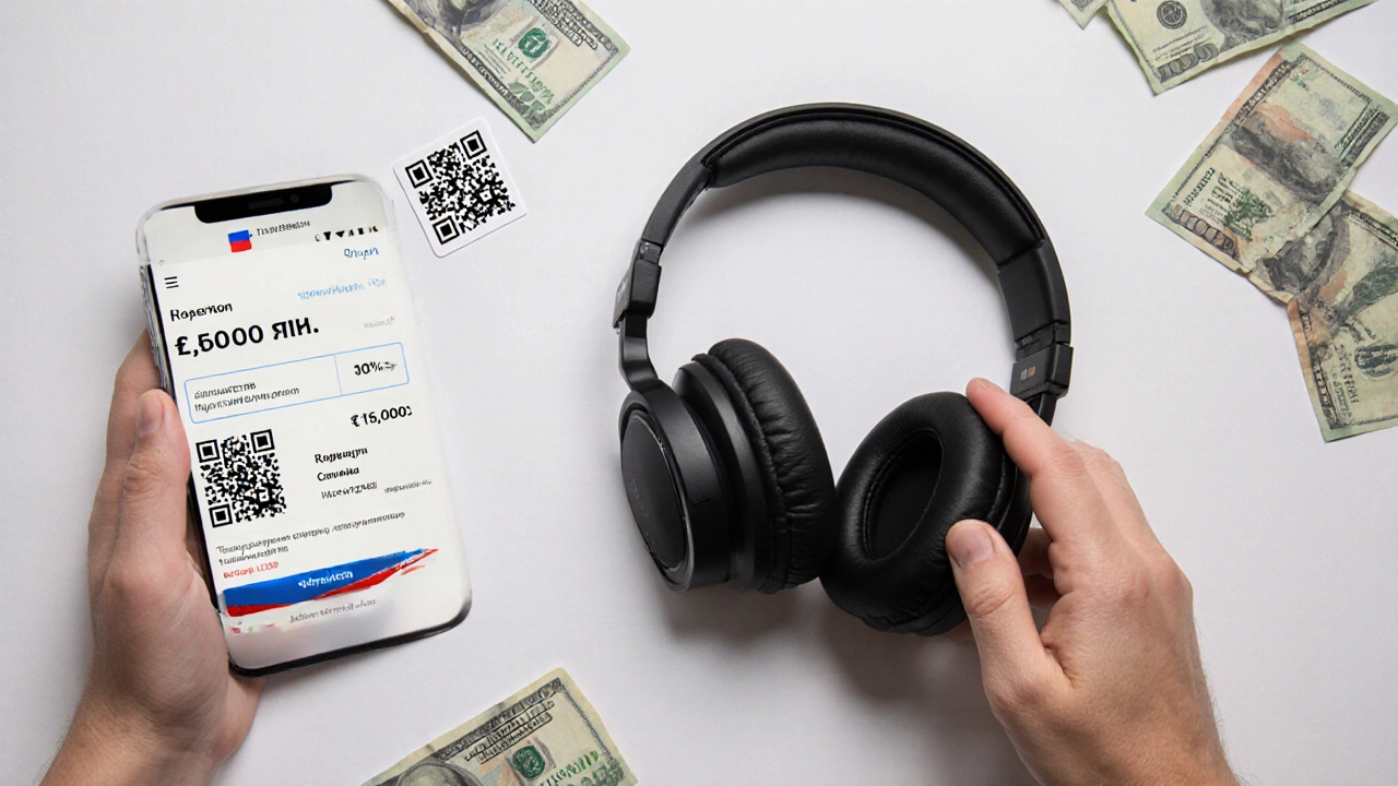 Рука кладёт наушники на белый фон рядом с телефоном, показывающим подтверждение заказа на 75 000 рублей, рядом — деньги и QR-код.