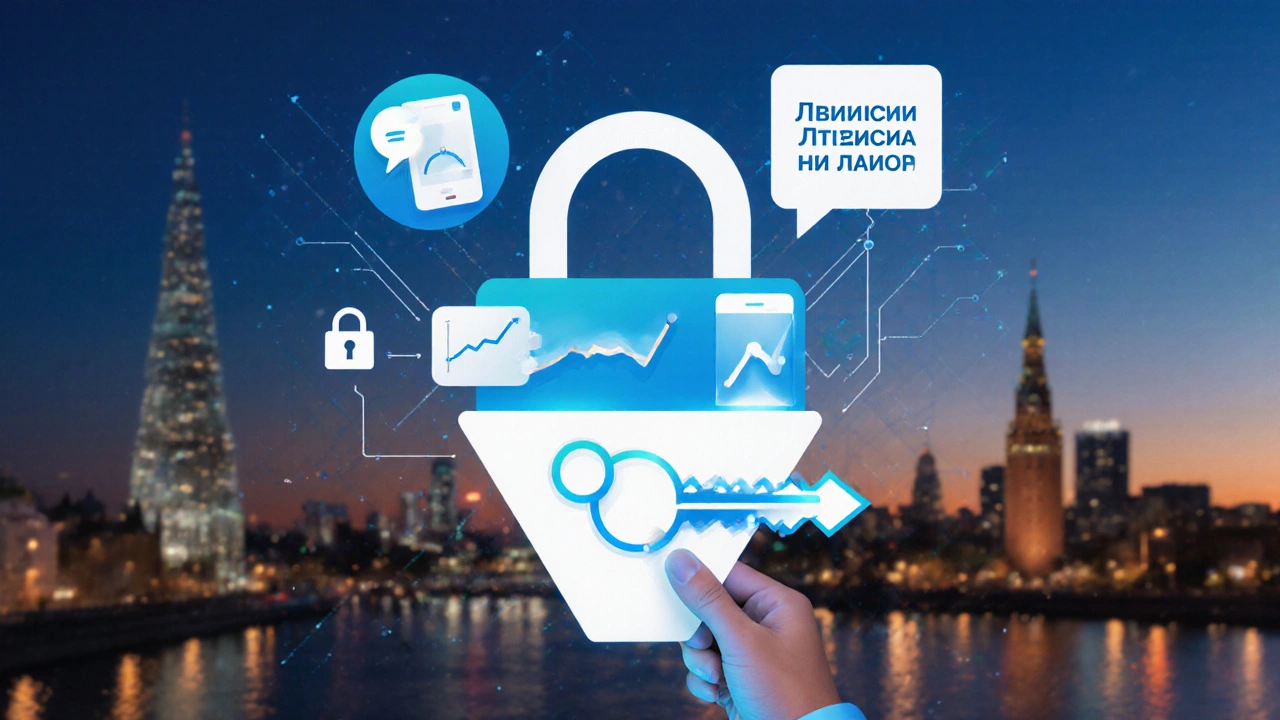 Рука вставляет ключ в замок в форме воронки конверсии, символизируя успех бизнеса.