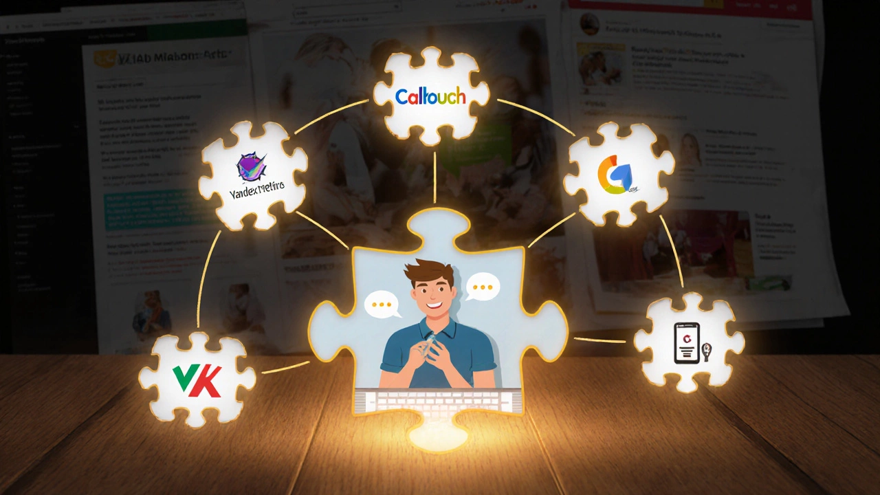 Собранная головоломка из инструментов отслеживания конверсий, соединённых светящимися линиями.