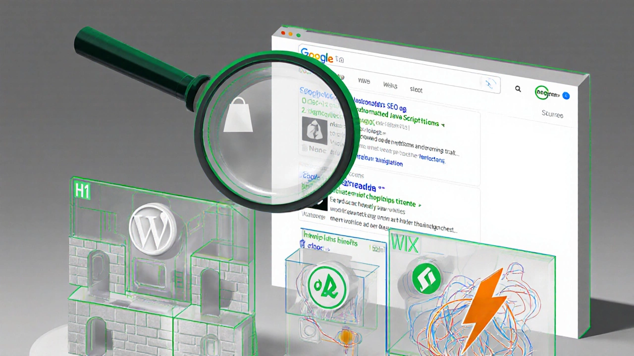 Three website platforms compared under a magnifying glass, showing technical differences in structure and SEO.
