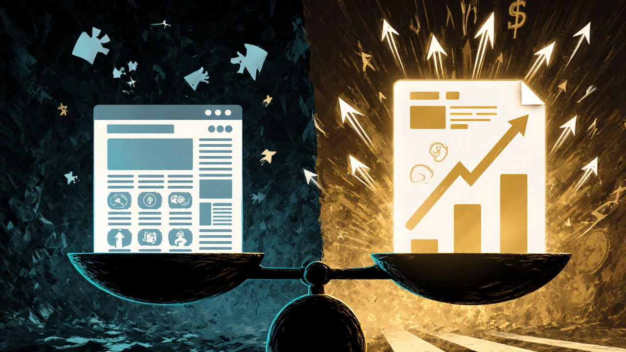 Весы: дешевый шаблон слева, продажный лендинг справа с золотыми потоками.