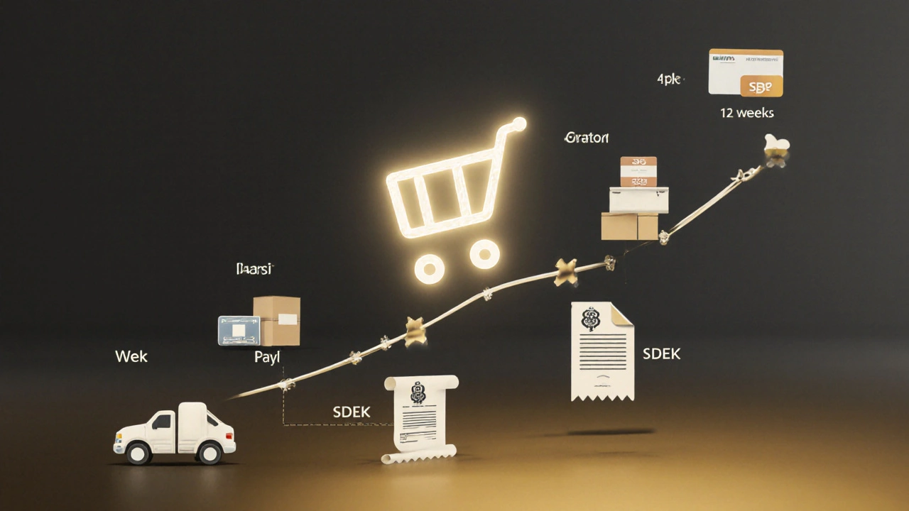 Визуализация этапов создания интернет-магазина в виде временной шкалы с ключевыми элементами.