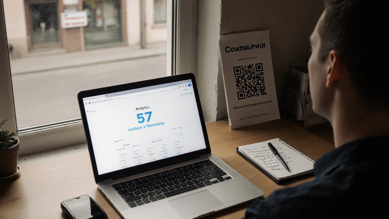 Владелец малого бизнеса смотрит на простой счетчик посетителей, рядом — телефон и контактная информация.