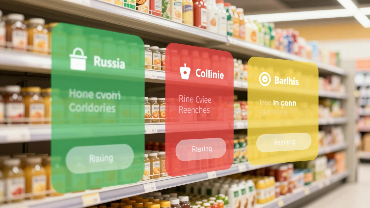 Цветовая кодировка продуктов в супермаркете — зелёный, красный, жёлтый — с наложенными элементами веб-интерфейса.