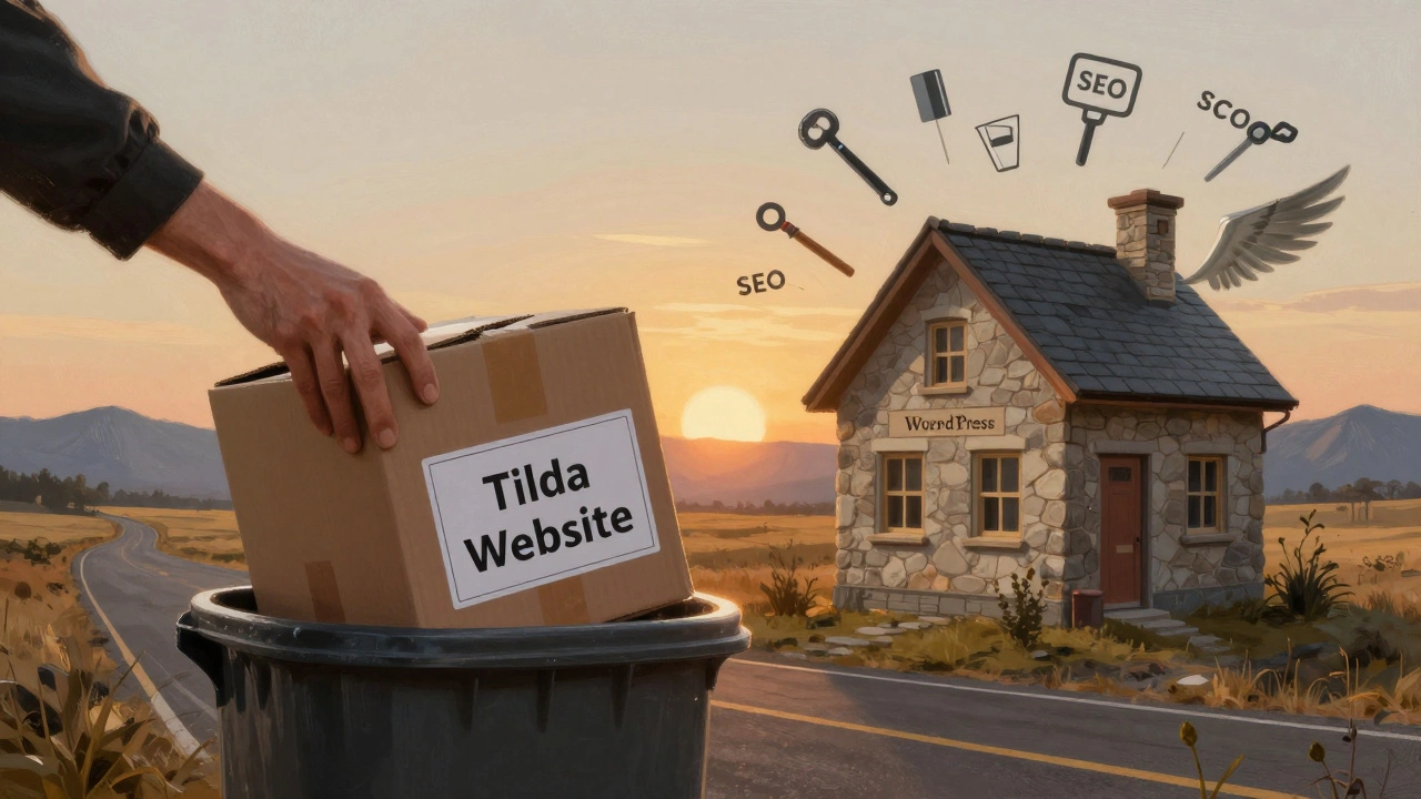 Коробка с сайтом на Тильде в мусорке, рядом — прочный дом на WordPress под восходящим солнцем.