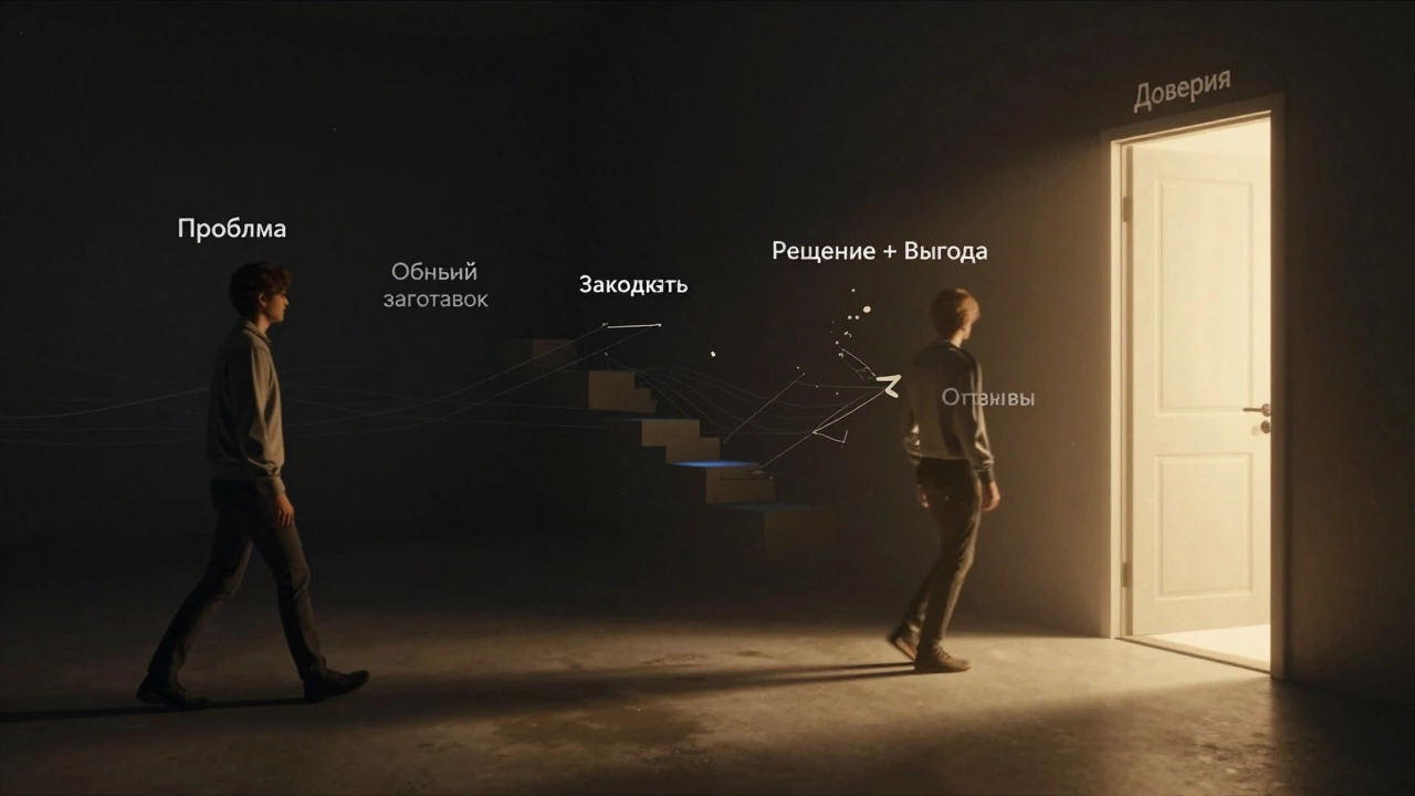 Психологическая цепочка конверсии: от проблемы к решению через доверие, разрушенные шаги позади.