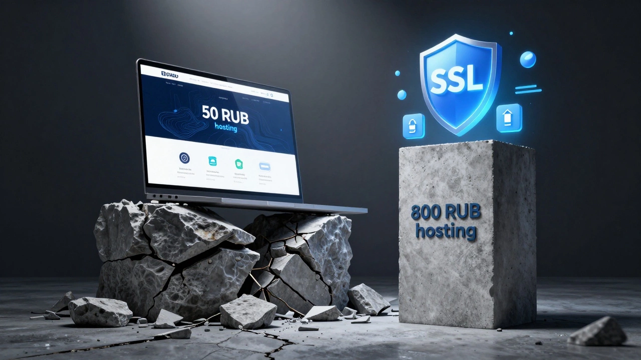Разрушающийся фундамент дешёвого хостинга под сайтом, рядом — прочный столб надёжного хостинга с защитой и быстрой загрузкой.