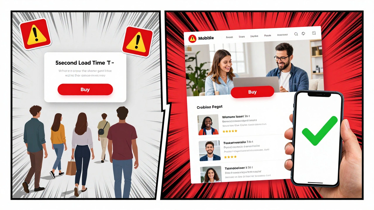 Сравнение медленного и быстрого сайта: слева — пользователи уходят, справа — покупка проходит легко.