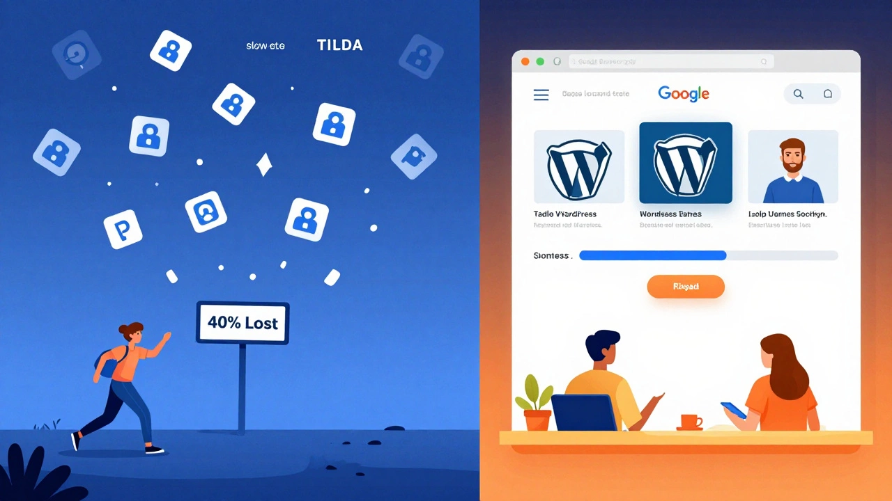 Сравнение: медленный сайт Тильда с убегающими посетителями и быстрый WordPress с успешной навигацией.