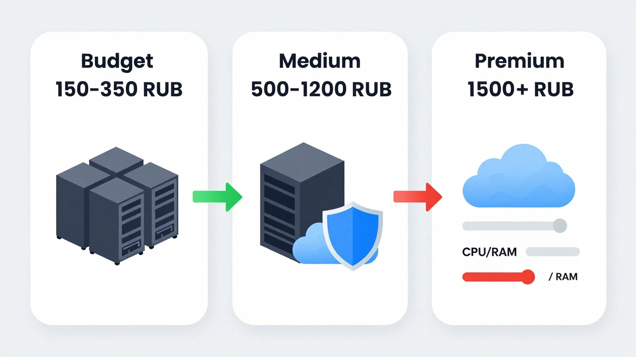 Три уровня хостинга в России: бюджетный, средний и продвинутый, показаны в виде ступеней с серверами и защитными элементами.