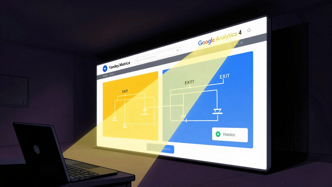 Веб-сайт в виде тёмной комнаты, освещённой двумя лучами аналитики.