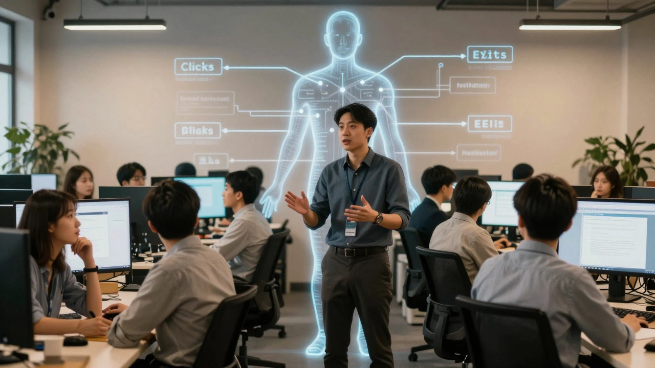 Аналитик объясняет поведение пользователей команде, показывая их путь через прозрачную схему взаимодействия.