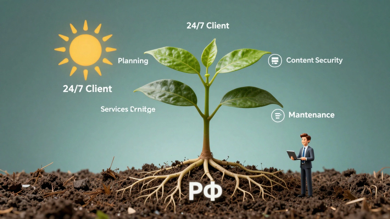 Цифровое дерево с корнями-страницами сайта, растущее из земли РФ, символизирующее устойчивое онлайн-развитие бизнеса.