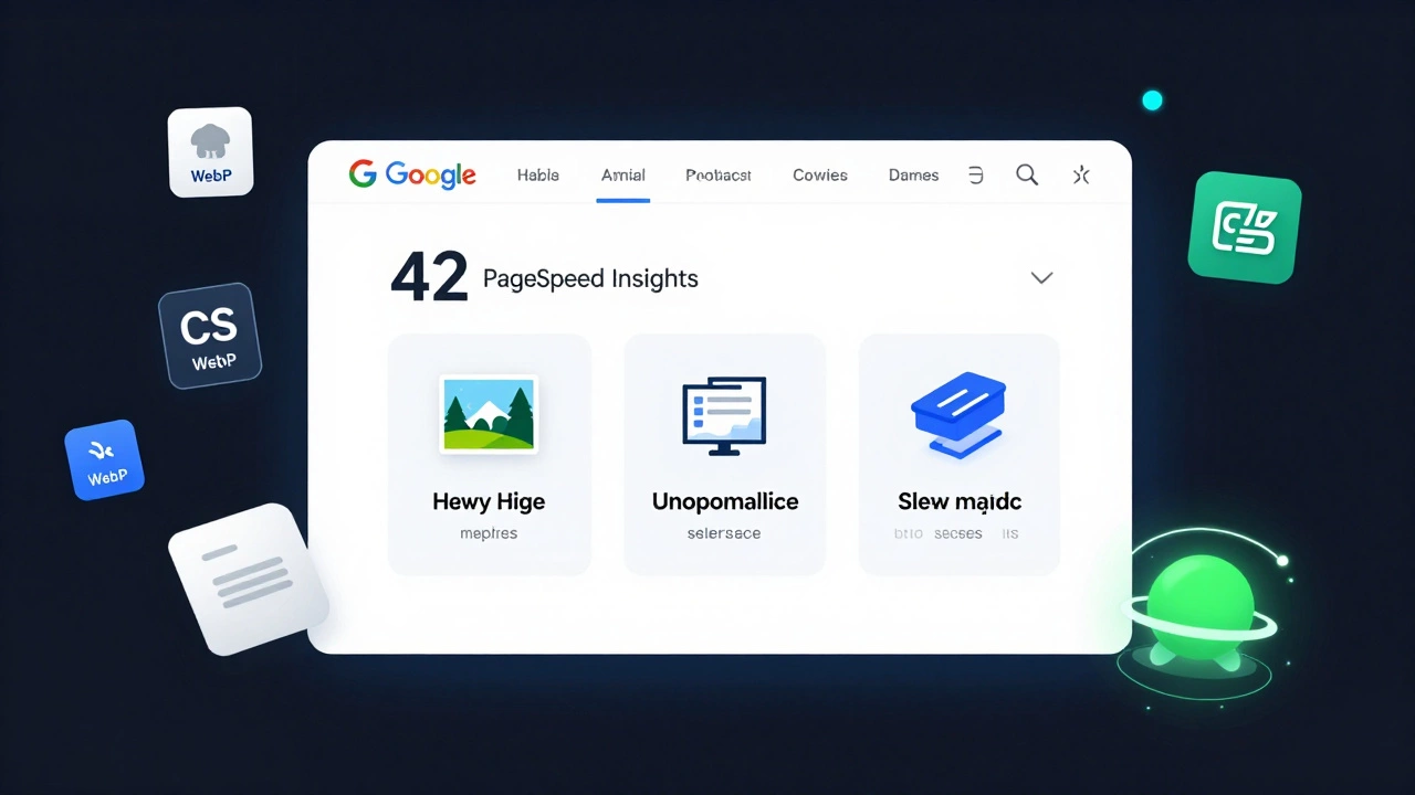 Дашборд PageSpeed Insights с низким баллом, показывающий тормозящие элементы сайта: изображения, скрипты и сервер, с обозначением оптимизаций.