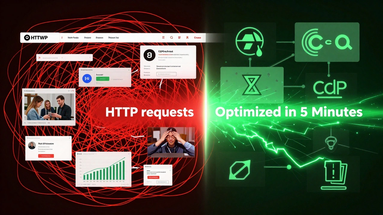 Диаграмма: слева — медленный сайт с перегруженными элементами, справа — оптимизированный сайт с легкими изображениями и CDN, разделенные светящейся линией.