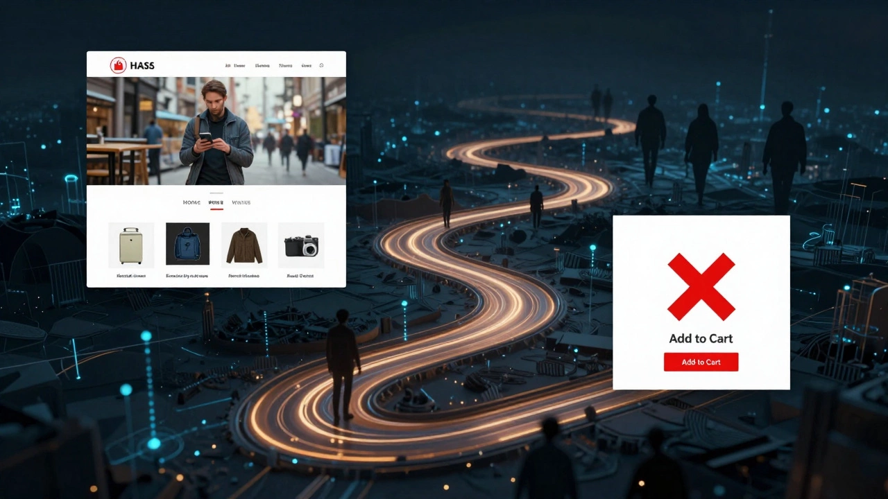 Дорожка поведения пользователя обрывается на странице товара из-за отсутствующей кнопки 'В корзину'.