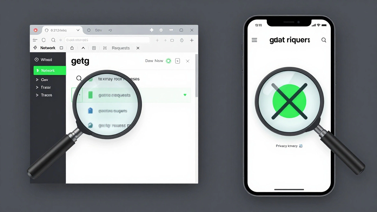 Разработчик проверяет трекинг в браузере, а на телефоне виден блокировщик аналитики.