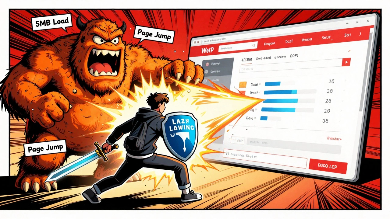 Разработчик в худи сражается с монстрами медленной загрузки изображений, используя WebP и ленивую загрузку.