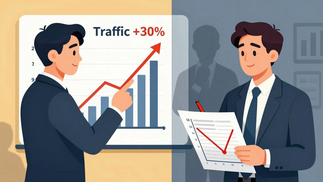 Сравнение ложного роста трафика и реального падения продаж — аналитик исправляет искаженные данные.