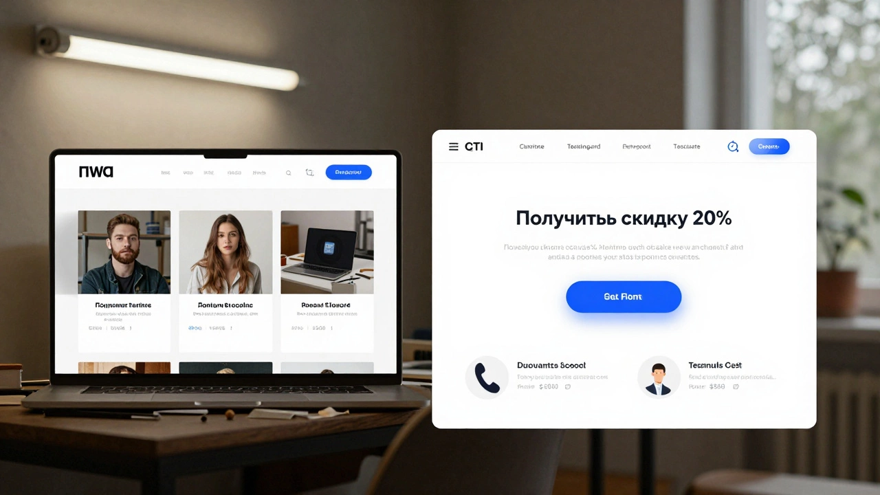 Сравнение старого и нового сайта: слева — захламлённый, справа — чистый с яркой кнопкой действия.