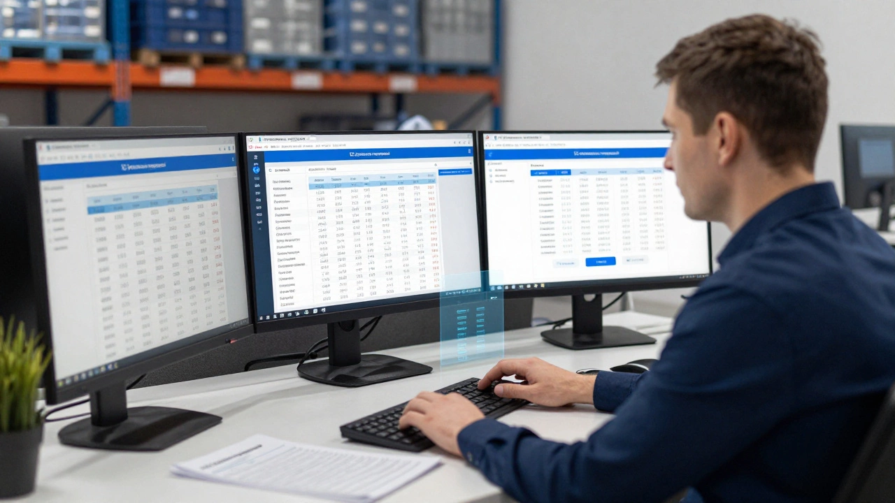 Бизнесмен работает с системой 1С-Битрикс, синхронизирующей склад, бухгалтерию и онлайн-магазин.