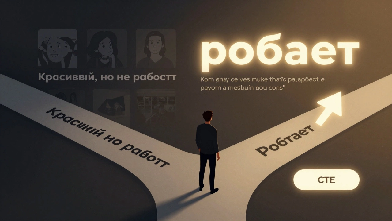 Человек стоит на перекрестке: один путь — красивый, но бесполезный лендинг, другой — четкий, работающий с одной кнопкой и отзывом.