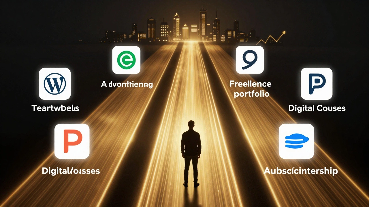 Пять путей к заработку на сайте: реклама, магазин, услуги, курсы и подписки.