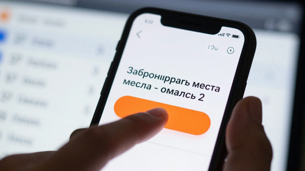 Рука кликает по яркой оранжевой кнопке 'Забронировать место - осталось 2' на экране с реальным расписанием записей.