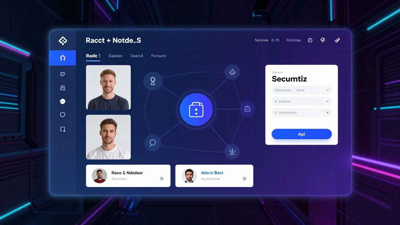 Сложный веб-интерфейс на React с дашбордами и API-подключениями в тёмной цифровой среде.