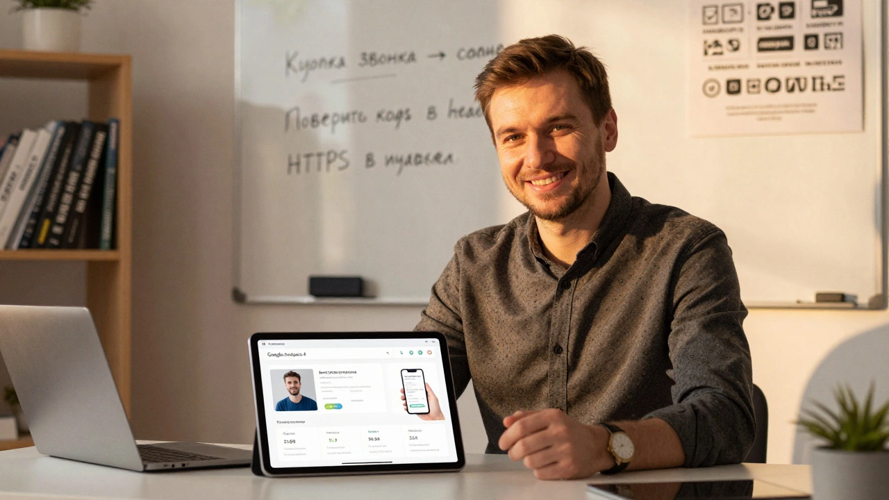 Владелец бизнеса смотрит на реальные данные GA4 на планшете, на фоне — записки на доске.