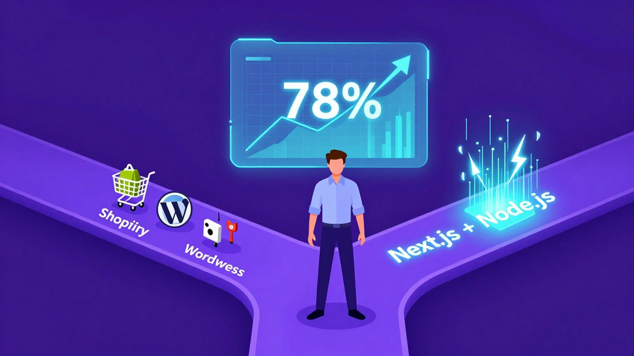 Бизнесмен на перекрестке выбора платформ для сайта: Shopify, WordPress и Next.js с цифрами и светящимися путями