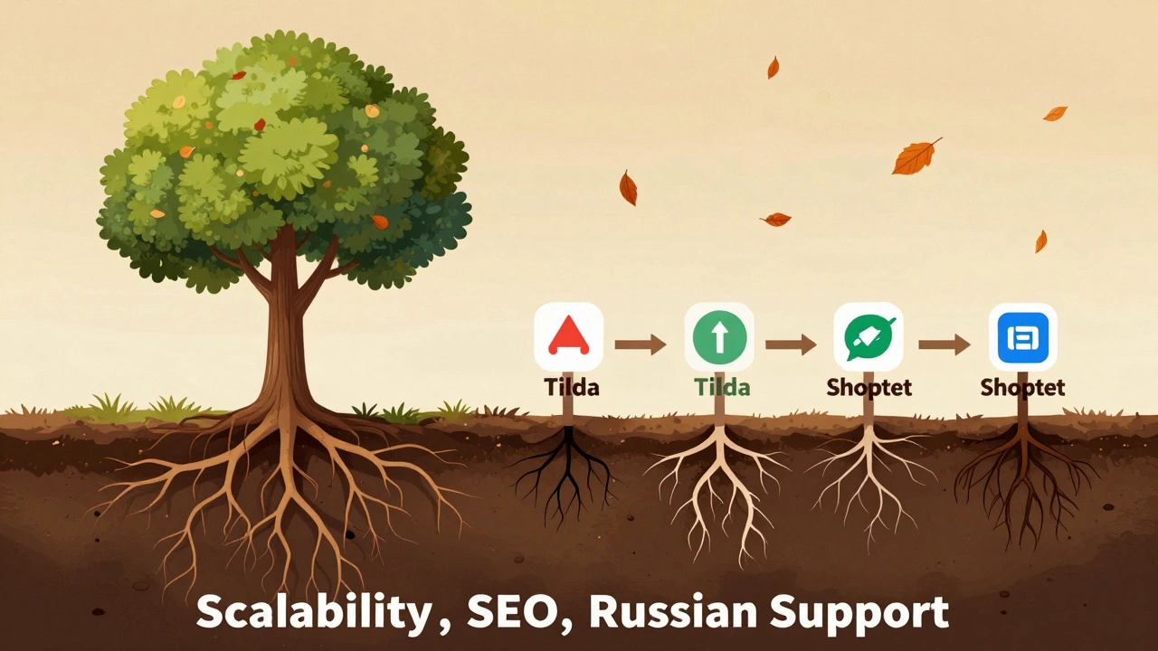 Дерево с глубокими корнями WordPress и мелкими корнями других платформ, осенью.