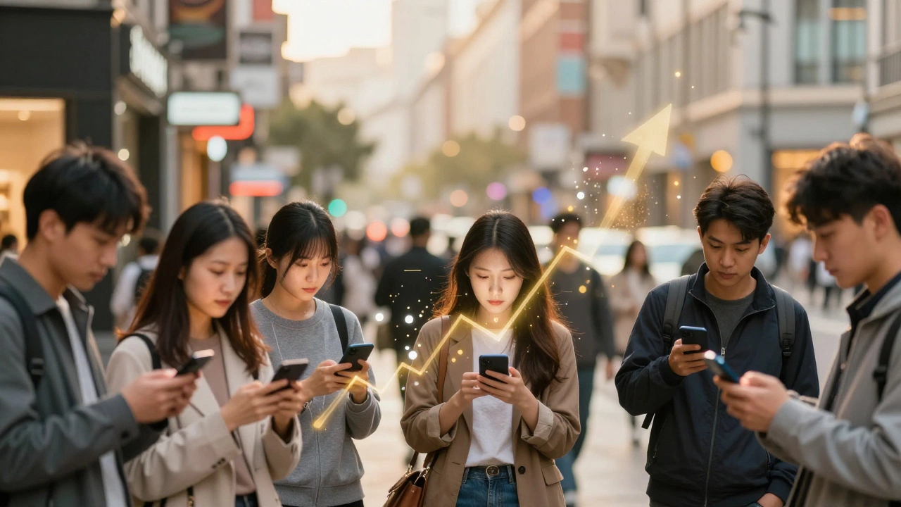 Горожане с телефонами и абстрактными частицами роста продаж.